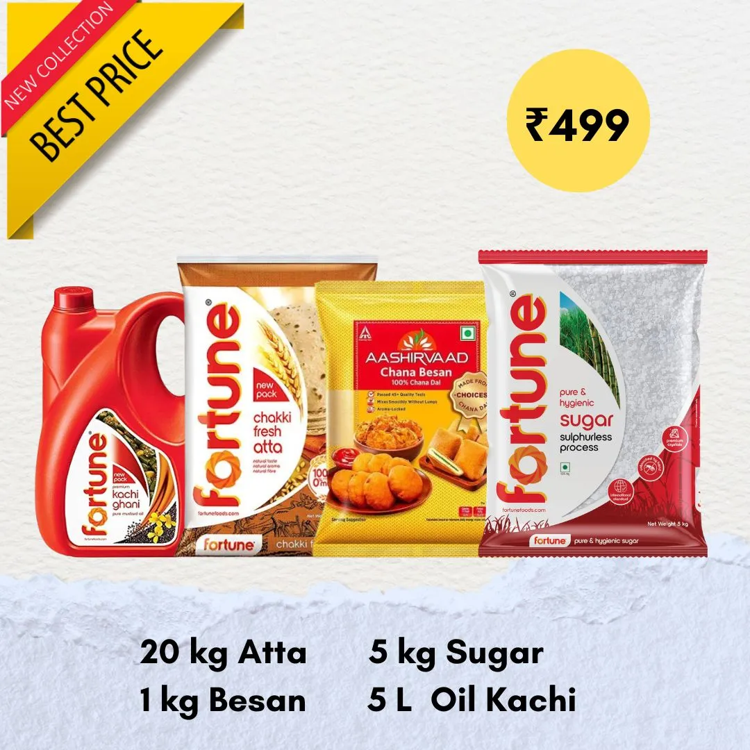 20Kg Atta, 5Kg Sugar, 1Kg Besan, 5L Fortune Oil : Combo of 4