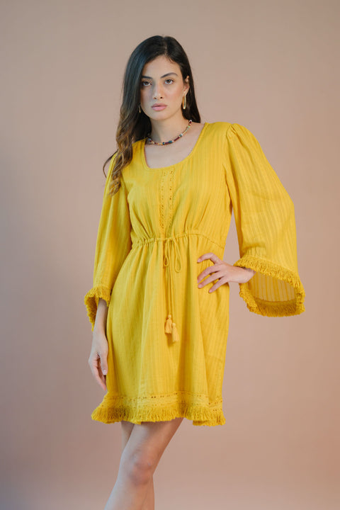 Oshin 100% Cotton Tie-Up Waist Bell Sleeve Dress